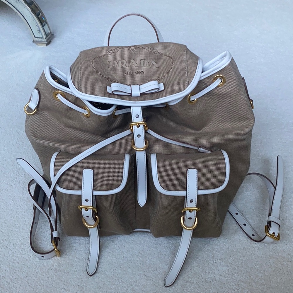 Prada authentic canvas logo backpack white tan